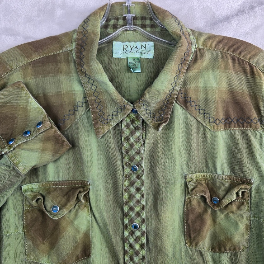 RYAN MICHAEL Western Plaid Pearl Snap Long Sleeve Shirt Green Brown‎ Womens XL